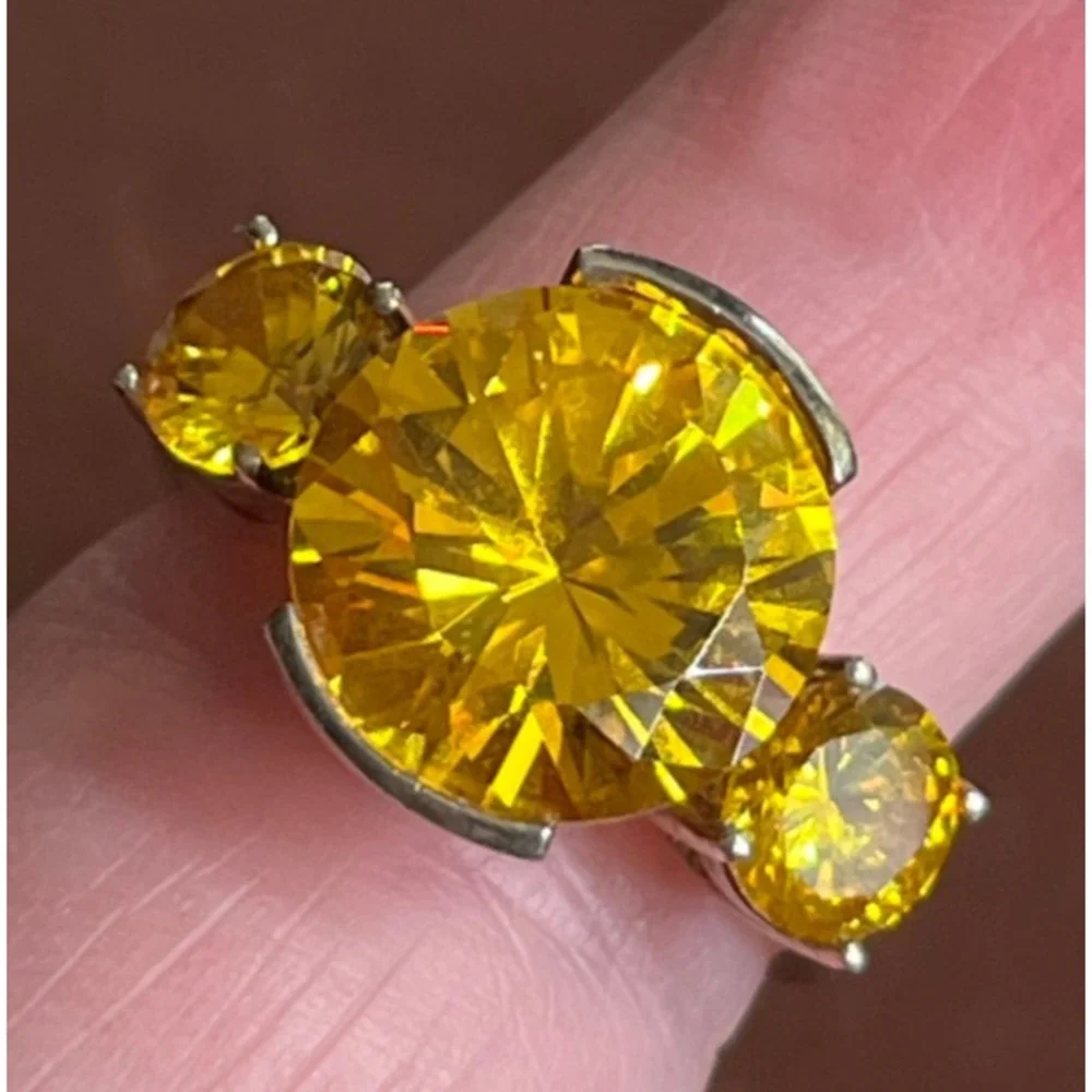 14K GOLD PLATED Sterling Silver Ring ROUND ORANGE CITRINE Three-Stone SIZE  7.5